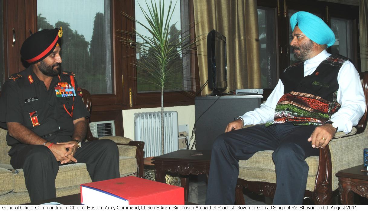 General Officer Commanding in Chief of Eastern Army Command, Lt Gen Bikram Singh with Arunachal Pradesh Governor Gen JJ Singh at Raj Bhavan on 5th August 2011