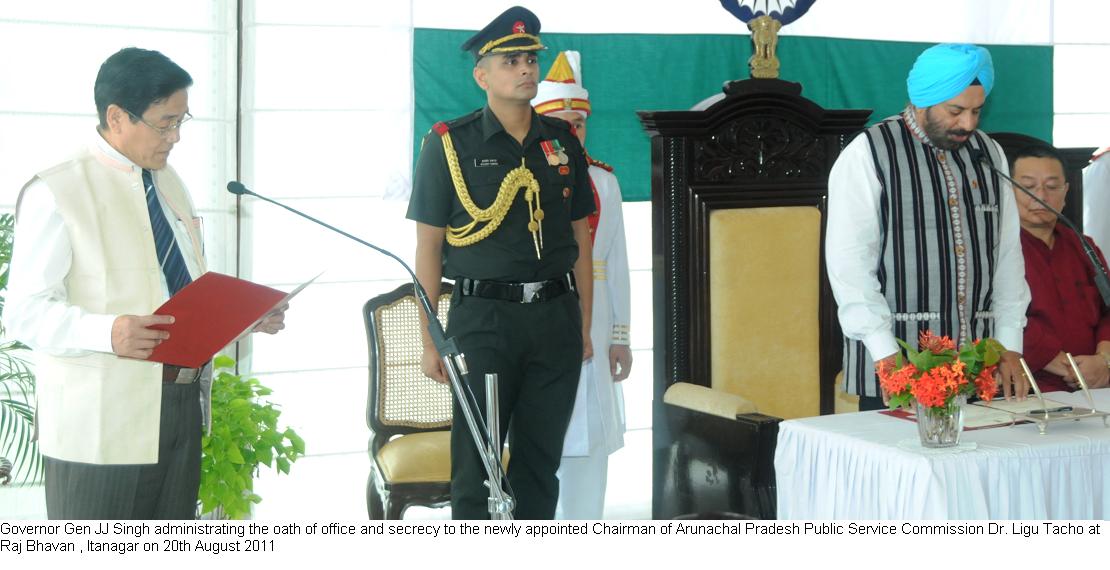 Governor Gen administrating the oath of office and secrecy to the newly appointed Chairman of APPSC Dr. Ligu Tacho at Raj Bhavan, Itanagar:20/08/2011