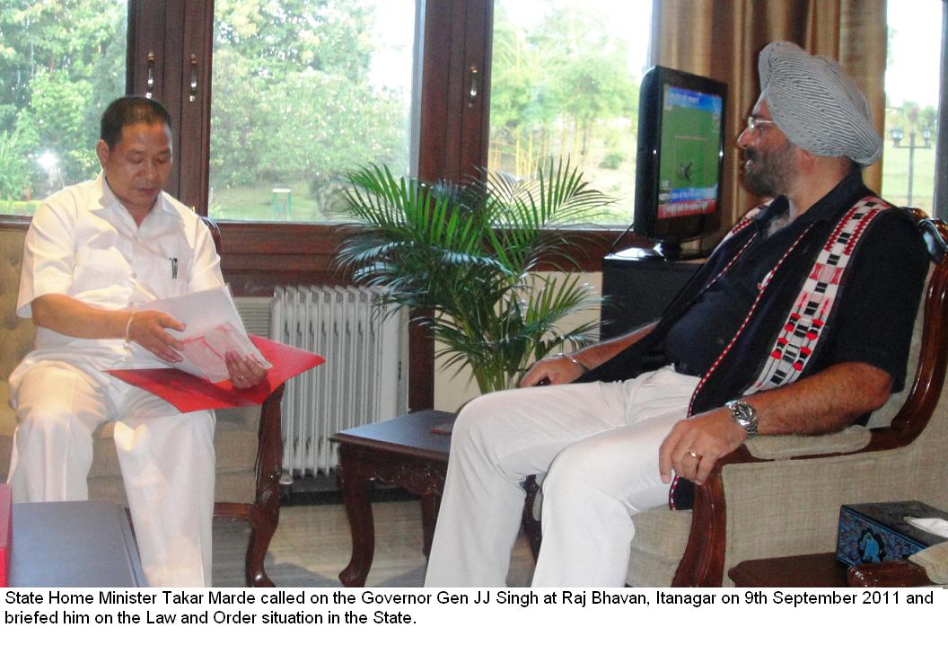 State Home Minister Takar Marde called on Governor and briefed him on the Law and Order situation in the State at Raj Bhavan,Itanagar:09/09/2011