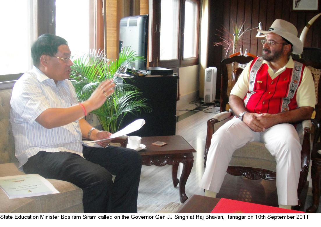 State Education Minister Bosiram Siram called on the Governor at Raj Bhavan,Itanagar:10/09/2011