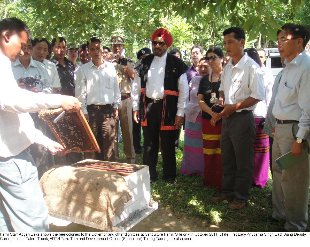 Farm Staff Kogen Deka shows the bee colonies to the Governor and other dignities at Sericulture Farm, Sille: 04/10/2011.State First Lady Anupama Singh East Siang Deputy Commisioner Talem Tapok, ADTH Taku Tath and Development Officer (Sericulture) Talong Taden are also seen