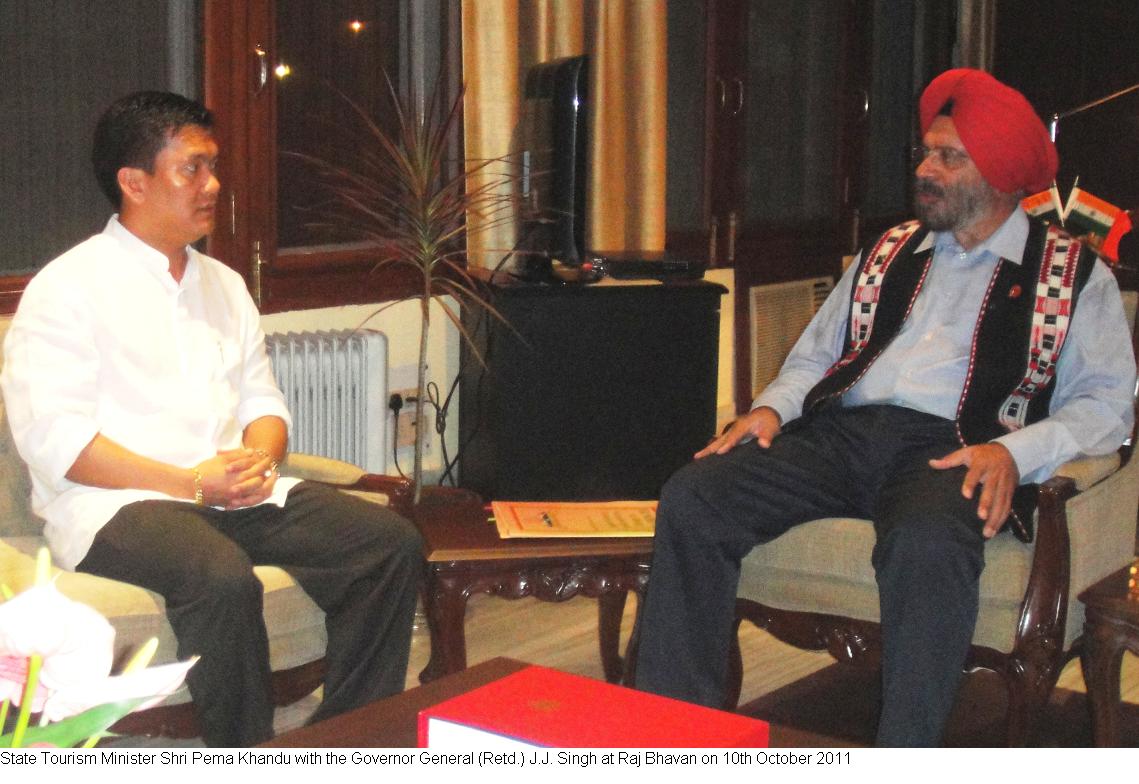 State Tourism Minister Shri Pema Khandu called on the Governor General (Retd.) J.J. Singh at Raj Bhavan: 10/10/2011