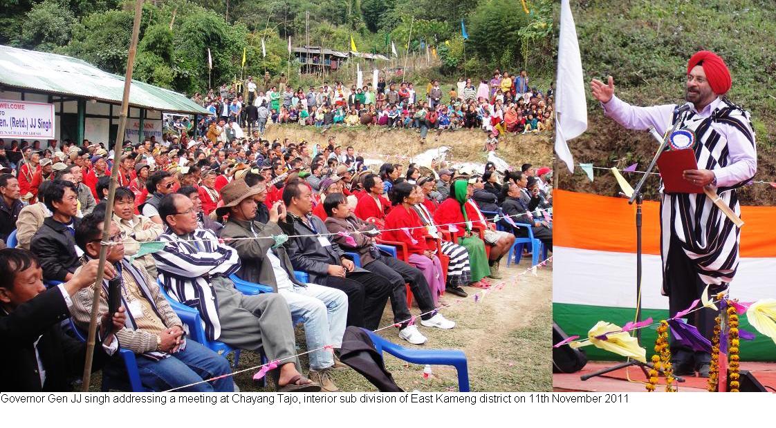 Governor Gen JJ Singh addressing a meeting at Chayang Tajo, interior sub division of East Kameng district:11/11/2011