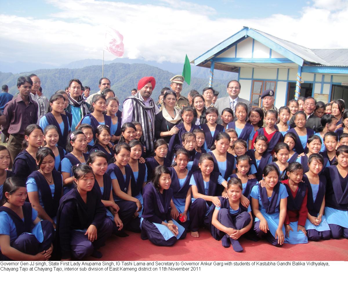 Governor Gen JJ Singh,State First Lady Anupama Singh, IG Tashi Lama and Secretary to Governor Ankur Garg with students of Kasturba Gandhi Balika Vidhyalaya, Chayang Tajo, interior sub division of East kameng district:11/11/2011