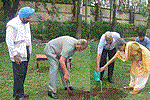 Former Indian Army Chief Gen Shankar Roychowdhury and former Vice Chief of Army Staff Lt. Gen Vijay Oberoi and wife planting saplings at Raj Bhawan while Governor looks on: 19/04/2011