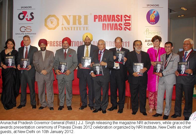 Governor General (Retd.) J.J. Singh releasing the magazine NRI achievers, while graced the awards presentation ceremony of Pravasi Divas 2012 celebration organized by NRI Institute, New Delhi as chief guests, at New Delhi:10/01/2012