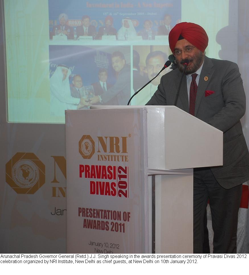 Governor General (Retd.) J.J. Singh speaking in the awards presentation ceremony of Pravasi Divas 2012 celebration organized by NRI Institute, New Delhi as chief guests, at New Delhi: 10/01/2012