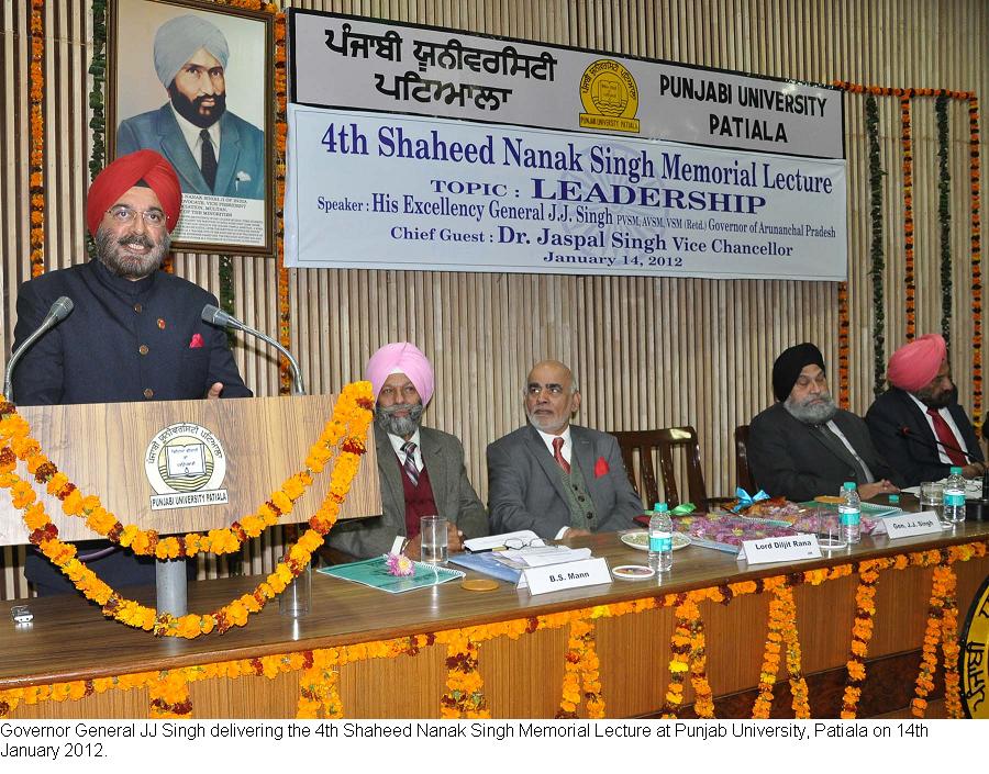 Governor General JJ Singh delivering the 4th Shaheed Nanak Singh Memorial Lecture at Punjab University, Patiala: 14/01/2012