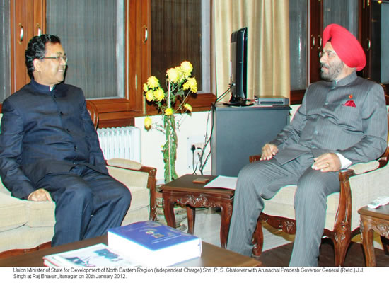 Union Minister of State for Development of North Eastern Region (Independent charge) Shri P.S. Ghatowar with Arunachal Pradesh Governor General (Retd.) J.J Singh at Raj Bhavan,Itanagar: 20/01/2012 