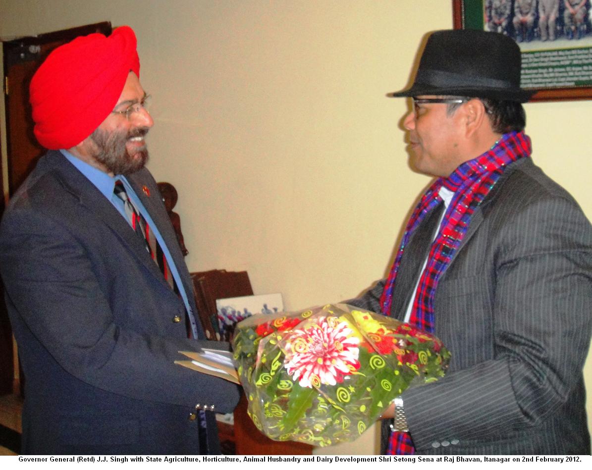 Governor General(Retd.) J.J. Singh with State Agriculture, Horticulture, Animal Husbandry and Dairy Development Shri Setong Sena at Raj Bhavan, Itanagar: 02/02/2012