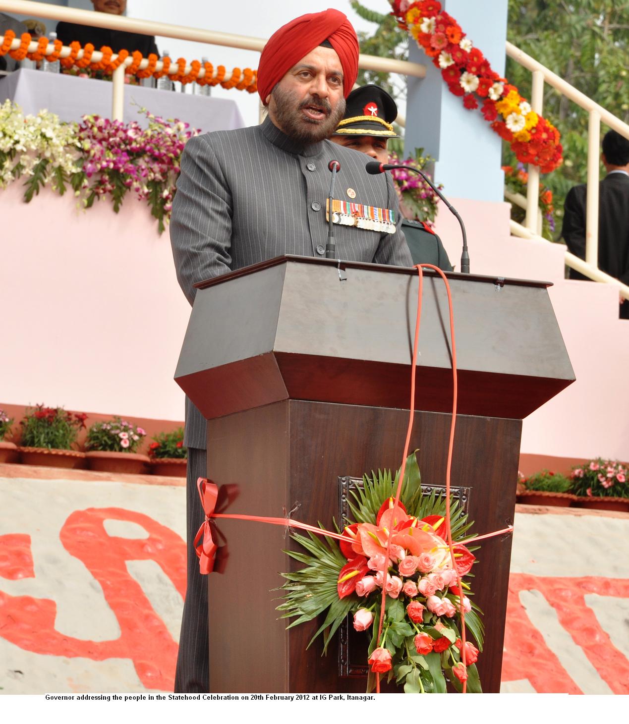 Governor addressing the people in the Statehood Celebration at IG park,Itanagar: 20/02/2012