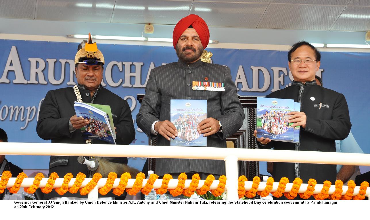 Governor General JJ Singh flanked by Union Defence Minister A.K. Antony and Chief Minister Nabam Tuki, releasing the Statehood Day Celebration Souvenir at IG Park, Itanagar: 20/02/2012