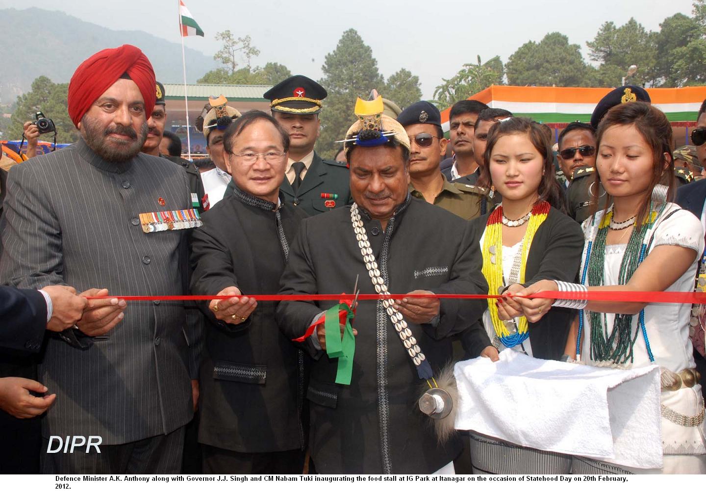 Defence Minister A.K. Antony along with Governor General J.J. Singh and CM Nabam Tuki inaugurating the occasion of Statehood Day: 20/02/2012