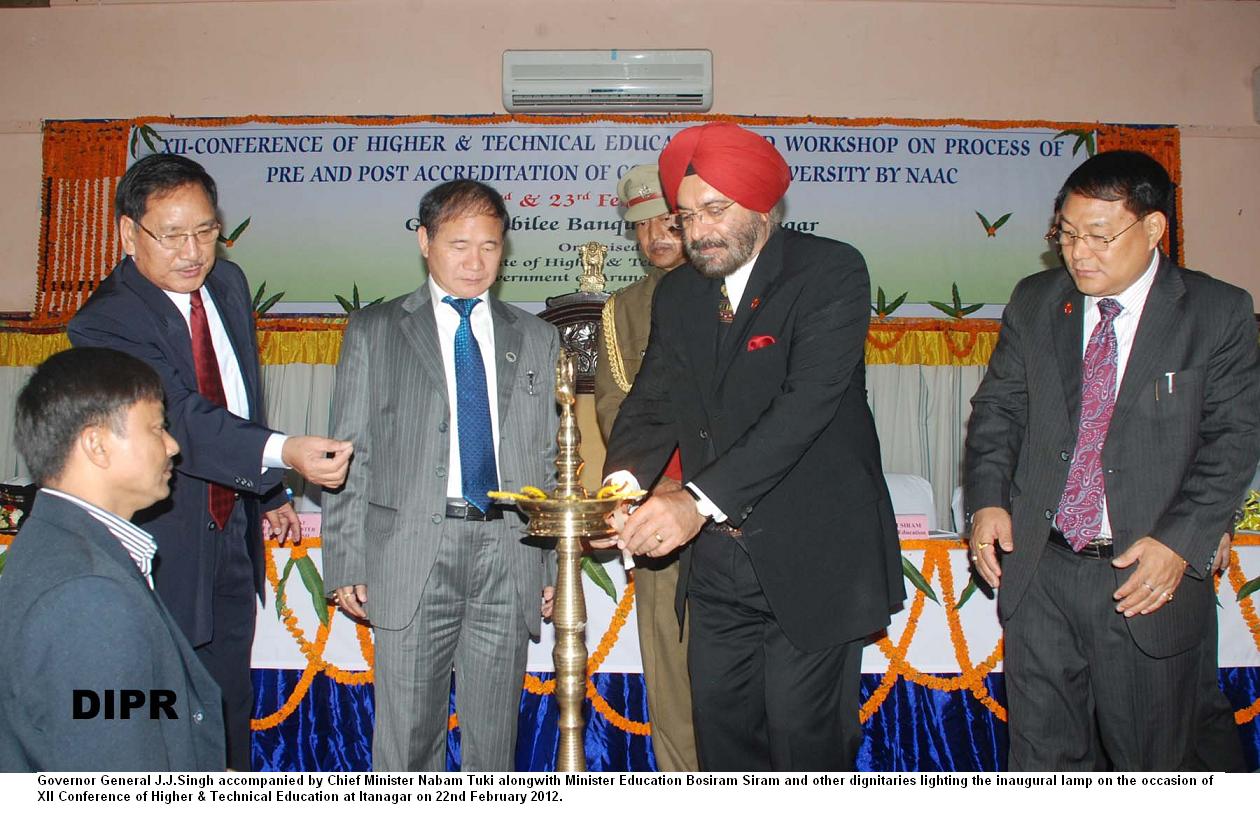 Governor General J.J. Singh accompanied by Chief Minister Nabam Tuki alongwith Minister Education Bosiram Siram and other dignitaries lighting the inaugural lamp on the occasion of XII conference of Higher & Technical Education at Itanagar: 22/02/2012