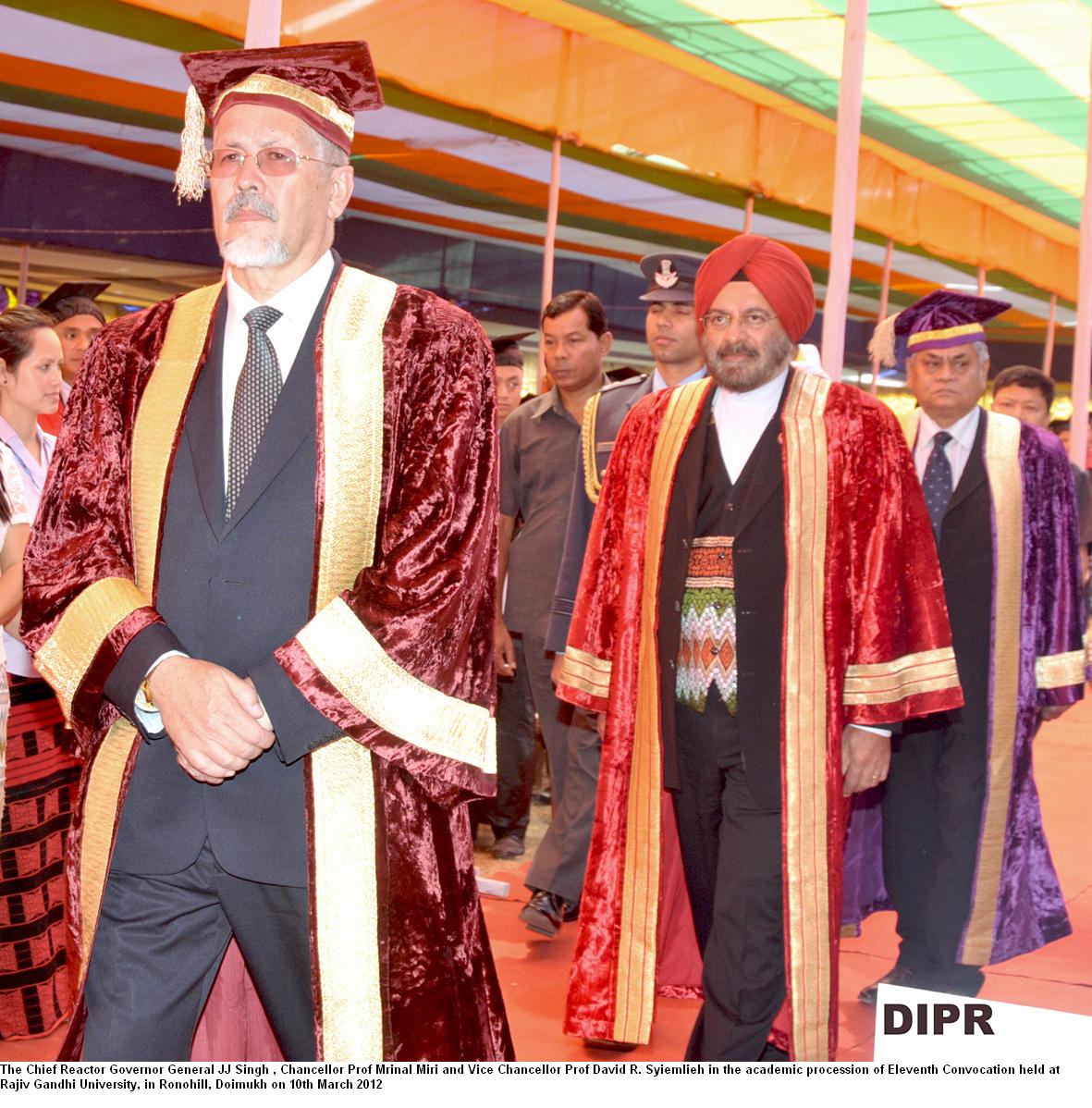 The Chief Reactor Governor General JJ Singh, Chancellor Prof Mrinal Miri and Vice Chancellor Prof David R.Syiemlieh in the academic procession of Eleventh Convocation held at Rajiv Gandhi University in Ronohill, Doimukh: 10/03/2012