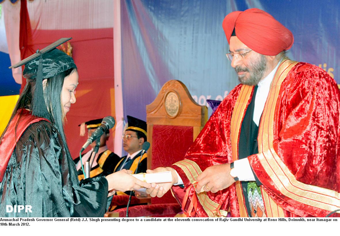 Governor General(Retd) JJ Singh presenting degree to a candidate at the Eleventh Convocation of Rajiv Gandhi University at Rono Hills, Doimukh, near Itanagar: 10/03/2012