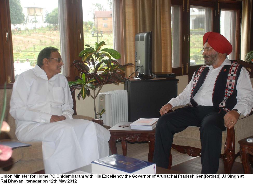 Union Minister for Home PC Chidambaram with His Excellency the Governor of Arunachal Pradesh Gen(Retired) JJ Singh at Raj Bhavan: 12/05/2012