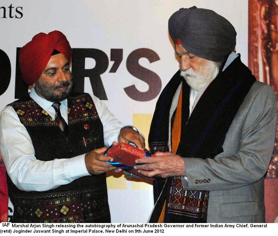 IAF Marshal Arjan Singh releasing the autobiography of Arunachal Pradesh Governor and former Indian Army chief, General (retd) Joginder Singh at Imperial Palace,New Delhi: 09/06/2012