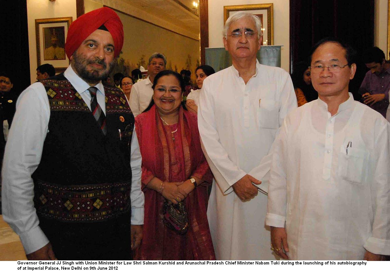 Governor General JJ Singh with Union Minister for Law Shri Salman Kurshid and Arunachal Pradesh Chief Minister Nabam Tuki during the launching of his autobiography at Imperial Palace, New Delhi: 09/06/2012