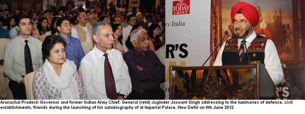 Arunachal Pradesh Governor and former Indian Army Chief, General(retd) Joginder Jaswant Singh addressing to the luminaries of defence, Civil establishments, friends during the launching of his autobiography at Imperial Palace, New Delhi: 09/06/2012