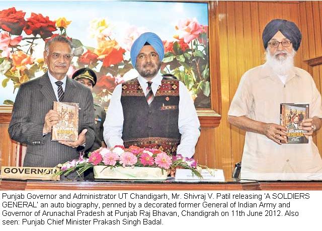 Punjab Governor and Administrator UT Chandigarh, Mr. Shivraj V.Patil realeasing 'A SOLDIERS GENERAL' an autobiography, penned by a decorated former General of Indian Army and Governor of Arunachal Pradesh at Punjab Raj Bhavan, Chandigarh. Also seen are Punjab Chief Minister Prakash Singh Badal : 11/06/2012