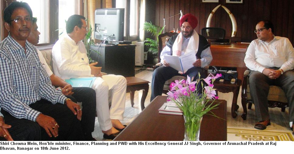 Shri Chowna Mein, Hon'ble Minister, Finance, Planning and PWD with His Excellency General JJ Singh, Governor of Arunachal Pradesh at Raj Bhavan : 18/06/2012