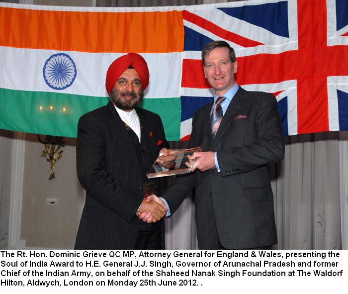 The Rt. Hon. Dominic Grieve QC MP, Attorney General for England & Wales, presenting the Soul of India Award to H.E. General JJ Singh, Governor of Arunachal Pradesh and former Chief of the Indian Army, on behalf of the Shaheed Nanak Singh FOundation at The Waldrof Hilton, Aldwych, London : 25/06/2012