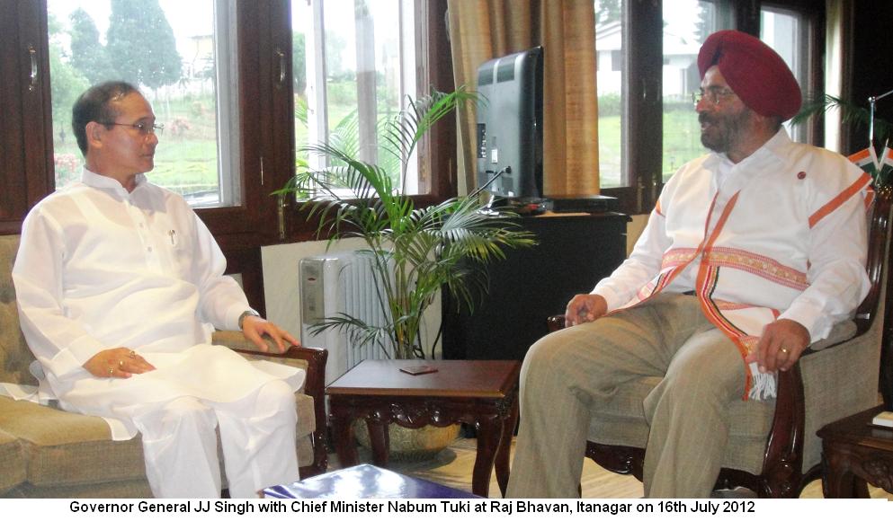 Governor General JJ Singh with chief Minister Nabum Tuki at Raj Bhavan, Itanagar: 16/07/2012