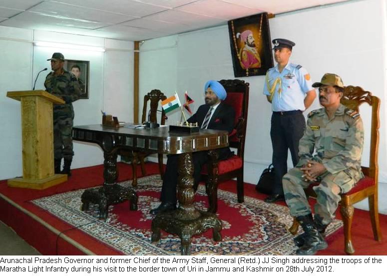 Arunachal Pradesh Governor and former Chief of the Army Staff, General (Retd.) JJ Singh addressing the troops of the Maratha Light Infantry during his visit to the border town of Uri in Jammu and Kashmir: 28/07/2012