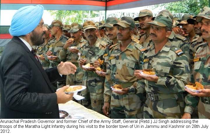 Arunachal Pradesh Governor and former Chief of the Army Staff, General (Retd.) JJ Singh addressing the troops of the Maratha Light Infantry during his visit to the border town of Uri in Jammu and Kashmir: 28/07/2012