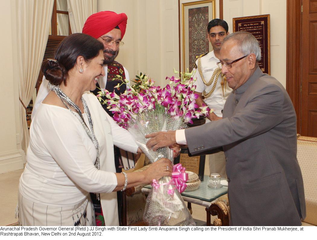 Governor General (Retd.) JJ Singh with State First Lady Smti Anupama Singh calling on the President of India Shri Pranab Mukherjee, at Rashtrapati Bhavan, New Delhi: 02/08/2012