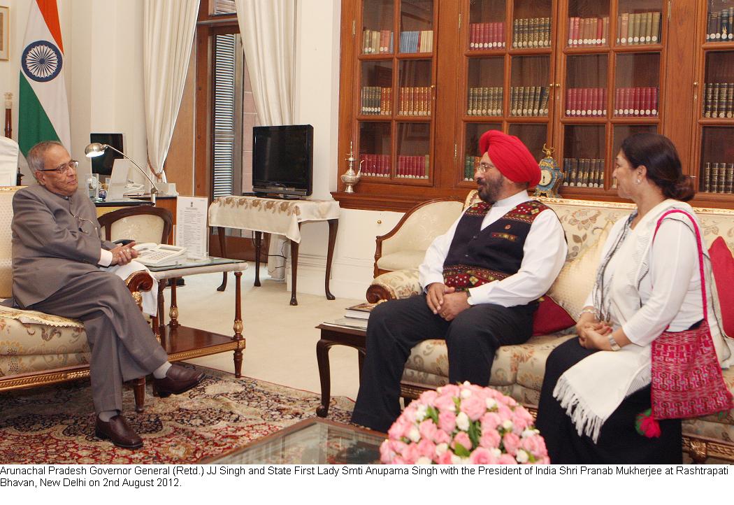 Governor General (Retd.) JJ Singh and State First Lady Smti Anupama Singh with the President of India Shri Pranab Mukherjee at Rashtrapati Bhavan, New Delhi: 02/08/2012