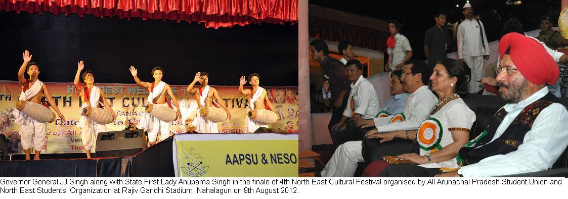 Governor General JJ Singh along with State First Lady Anupama Singh in the finale of 4th North East Cultural Festival organised by All Arunachal Pradesh Student Union and North East Students' Organization at Rajiv Gandhi Stadium, Nahalagun: 09/08/2012