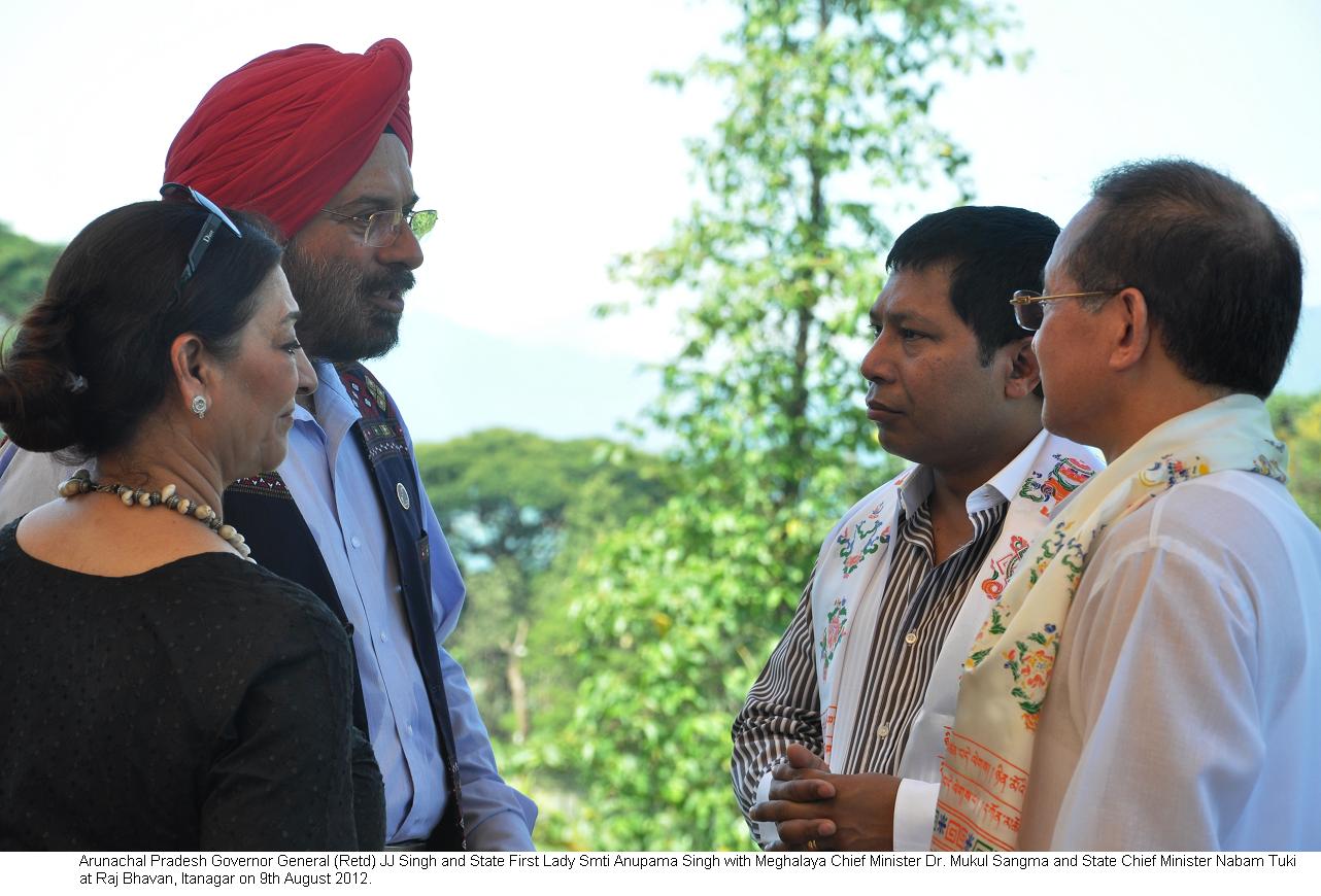 Arunachal Pradesh Governor General (Retd) JJ Singh and State First Lady Smti Anupama Singh with Meghalaya Chief Minister Dr. Mukul Sangma and State Chief Minister Nabam Tuki at Raj Bhavan, Itanagar: 09/08/2012