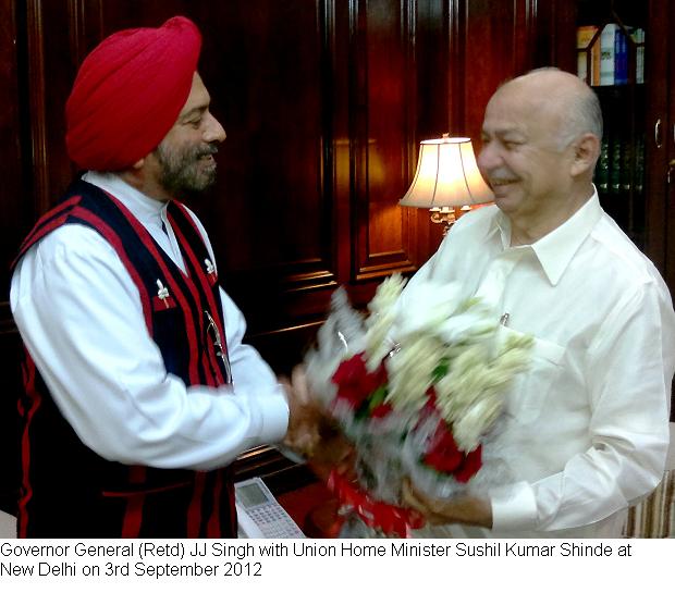 Governor General(Retd) JJ Singh with Union Home Minister Sushil Kumar Shinde at New Delhi: 03/09/2012