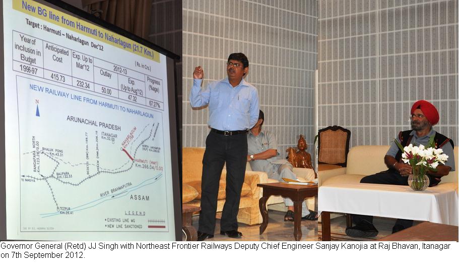 Governor General (Retd) JJ Singh with Northeast Frontier Railways Deputy Chief Engineer Sanjay Kanojia at Raj Bhavan, Itanagar: 07/09/2012