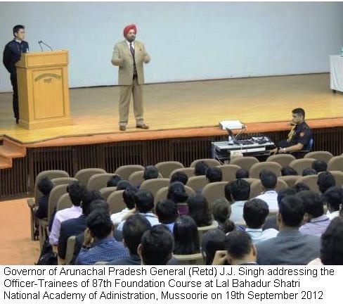 Governor General (Retd) J.J. Singh addressing the Officer-Trainees of 87th Foundation Course at the Lal Bahadur Shatri National Academy of Administration, Mussoorie: 19/09/2012 