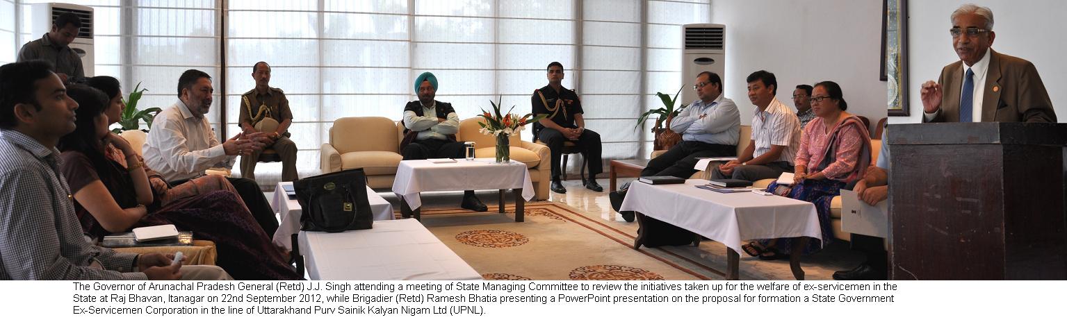 Governor General (Retd) J.J. Singh attending a meeting of State Managing Committee to review the initiatives taken up for the welfare of ex-servicemen in the State at Raj Bhavan, Itanagar: 22/09/2012