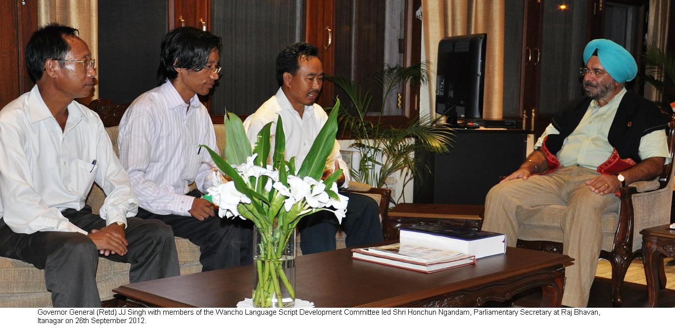 Governor General (Retd) JJ Singh with members of the Wancho Language Script Development Committee led by Shri Honchun Ngandam, Parliamentary at Raj Bhavan, Itanagar: 26/09/2012