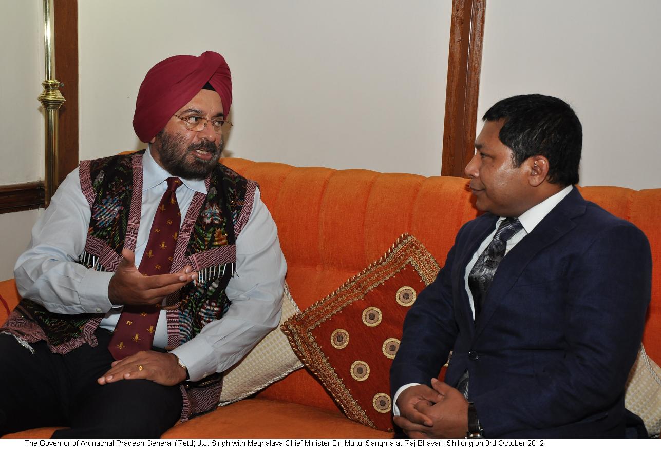  Governor General (Retd) JJ Singh with Meghalaya Chief Minister ,Dr. Mukul sangma at Raj Bhavan,Shillong: 3/10/2012