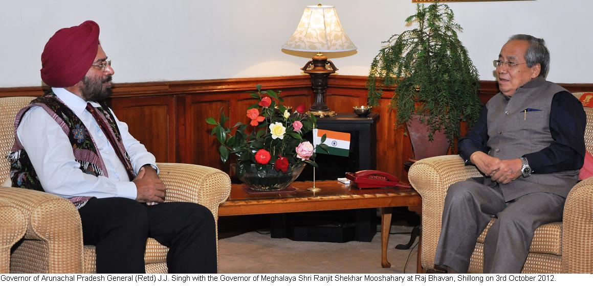 Governor General (Retd) JJ Singh with the Governor of Meghalaya, Shri Ranjit Shekhar Mooshahary at Raj Bhavan,Shillong: 3/10/2012