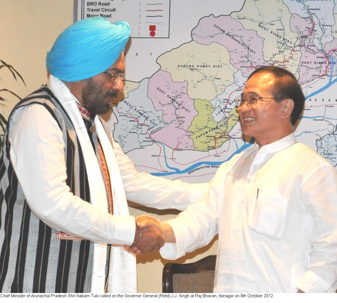 Chief Minister Nabam Tuki called on the Governor General (Retd) J.J Singh at Raj Bhavan, Itanagar: 08/10/2012.