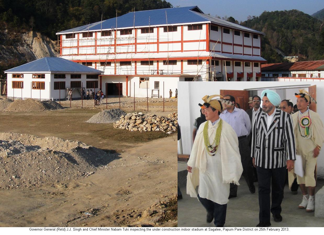 Governor General(Retd) JJ Singh and Chief Minister Nabam Tuki inspecting the under construction Indoor Stadium at Sagalee, Papumpare: 25/02/2013