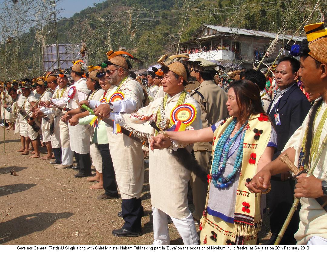 Governor General(Retd) JJ Singh along with Chief Minister Nabam Tuki taking part in Buya on the occasion of Nyokum Yullo Festival at Sagalee: 26/02/2013