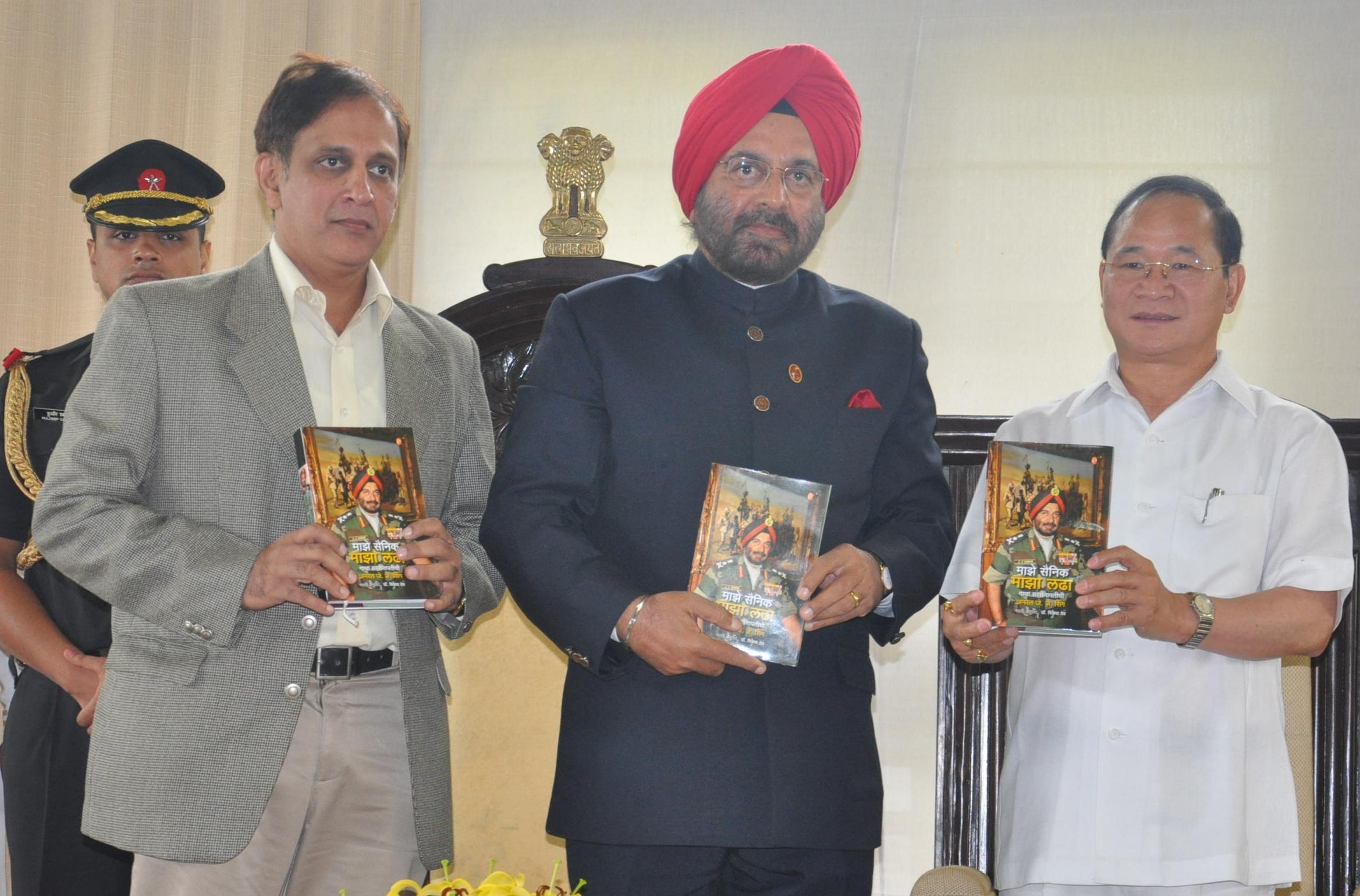 The Chief Minister of Arunachal Pradesh Shri Nabum Tuki released the Marathi version of General JJ Singhs autobiography, Majhe Sainik Majha Lada at Raj Bhawan.Also seen: Governor of Arunachal Pradesh General JJ Singh and publisher of the Marathi version of the autobiography Shri Ulhas Latkar: 31/03/2013