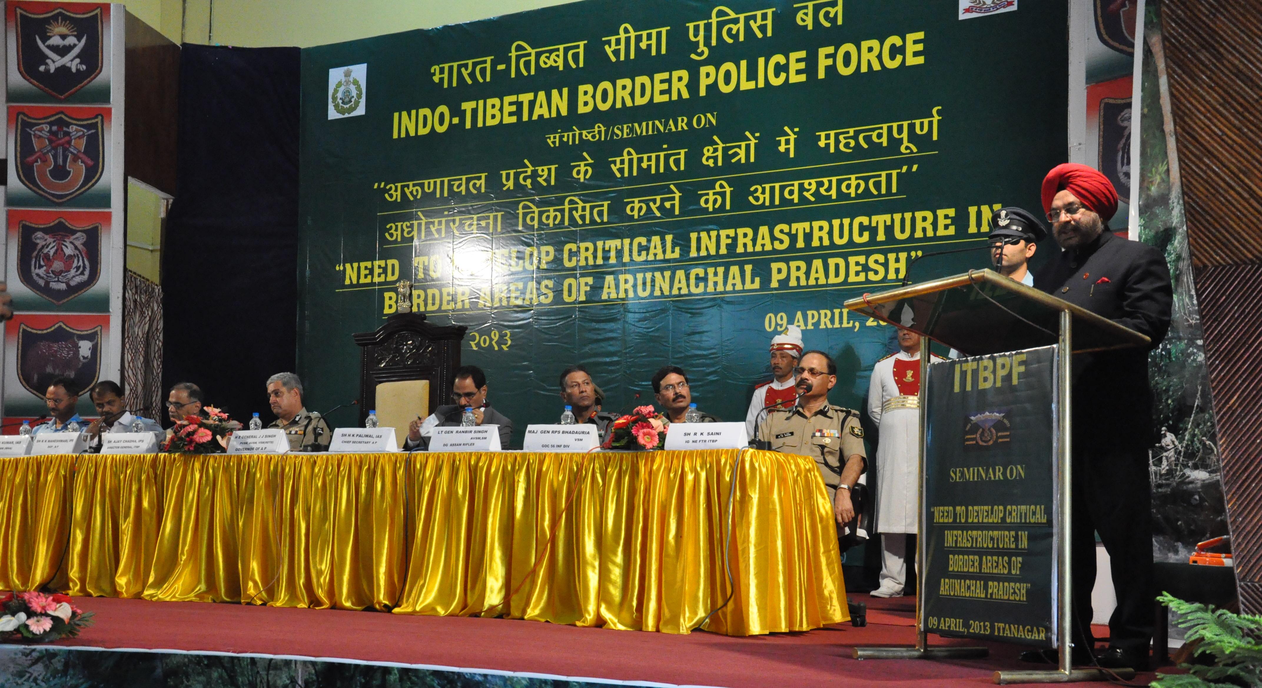 The Governor of Arunachal Pradesh General (Retd) J.J. Singh delivering the keynote address at the seminar themed Need to develop critical infrastructure in border areas of Arunachal Pradesh at Siddhartha Hall, Itanagar:09/04/2013