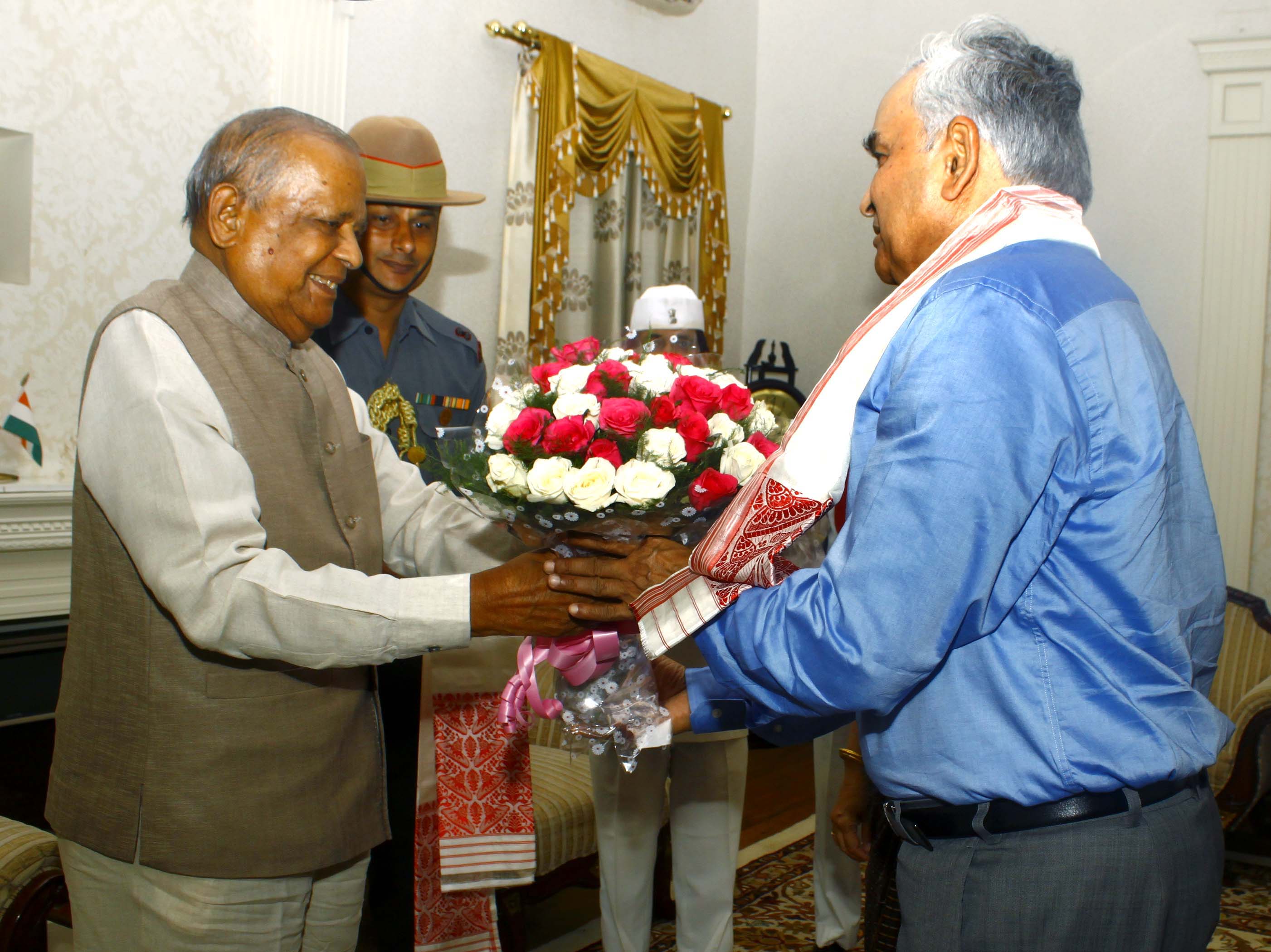 The Governor of Arunachal Pradesh Lt. Gen (Retd) Nirbhay Sharma calling on the Governor of Assam, Shri Janaki Ballav Patnaik at Raj Bhawan, Dispur:14/07/2013