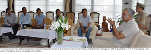 The Governor Lt. Gen (Retd) Nirbhay Sharma interacting with all the five Everesters of Arunachal Pradesh at Raj Bhawan, Itanagar on 26th August 2013. L to R: Tame Bagang, Lima Lama, Tine Mena, Anshu Jamsenpa and Tapi Mra