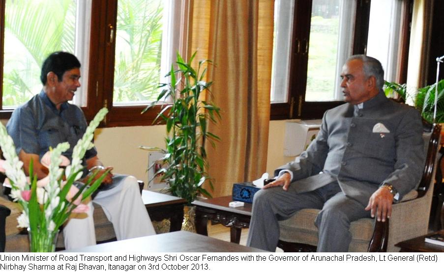 Union Minister of Road Transport and Highways Shri Oscar Fernandes with the Governor of Arunachal Pradesh, Lt General (Retd) Nirbhay Sharma at Raj Bhavan, Itanagar on 3rd October 2013