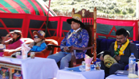 Governor of Arunachal Pradesh Lt. Gen (Retd) Nirbhay Sharma and First Lady Smti Jyotsna Sharma in a public meeting at Mechuka on 10th October 2013. Also seen Dr. Sachin Shinde, Secretary to Governor and Smti Shilpa Shinde, Secretary Civil Aviation, Govt. of AP